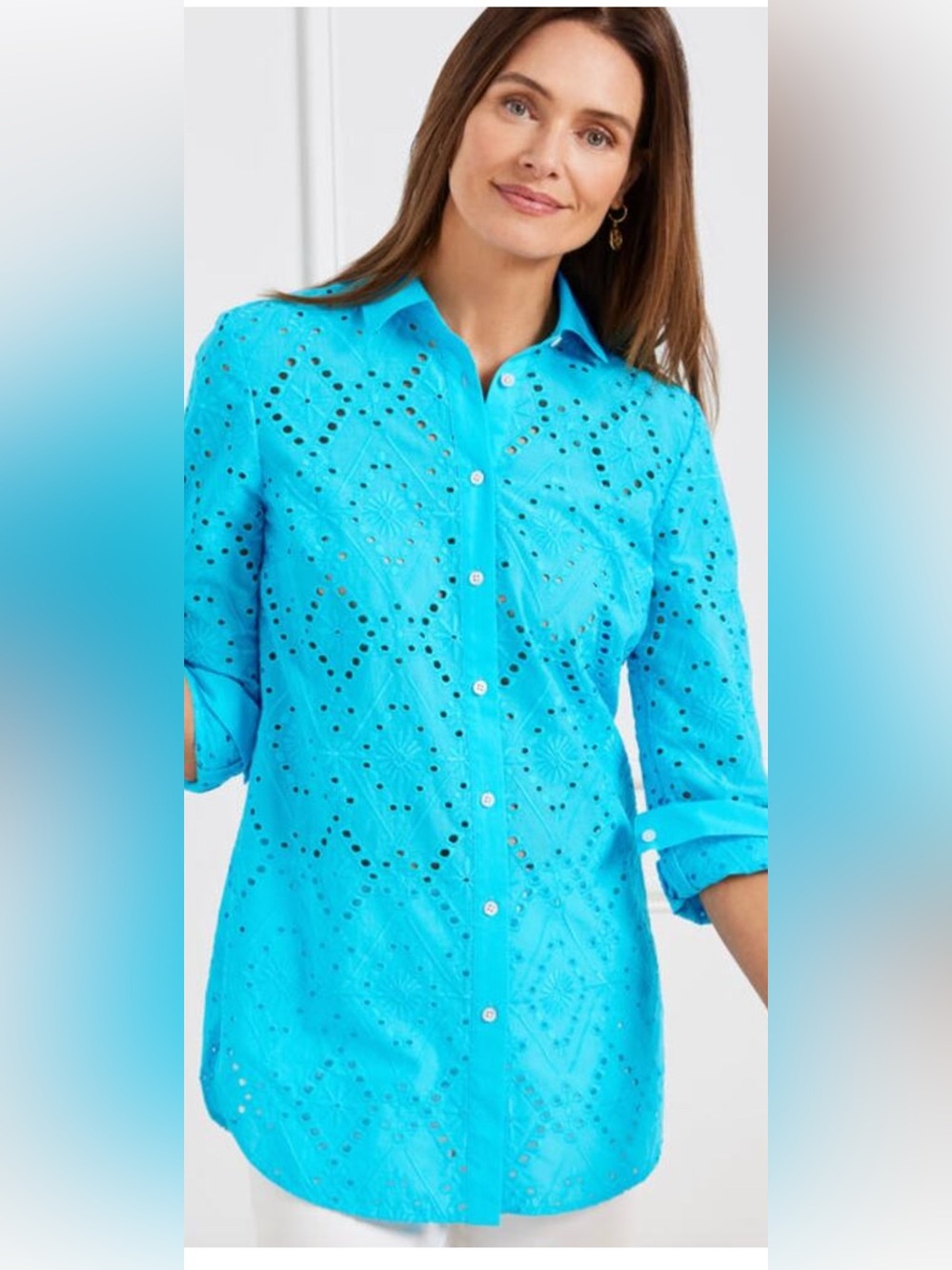 Talbots Classic Eyelet Button-Front Shirt - Turquoise 2X